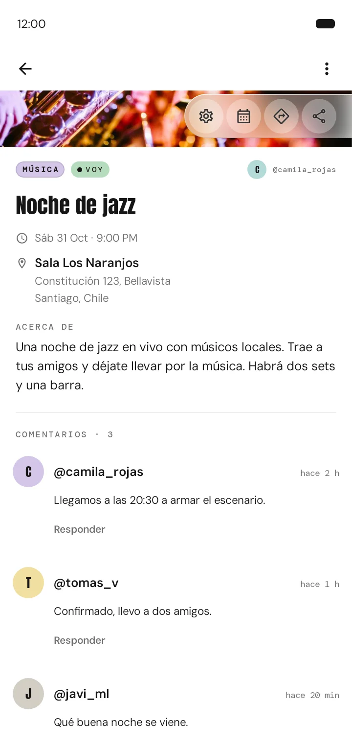 Detalle de un evento con sus comentarios en Ibentu