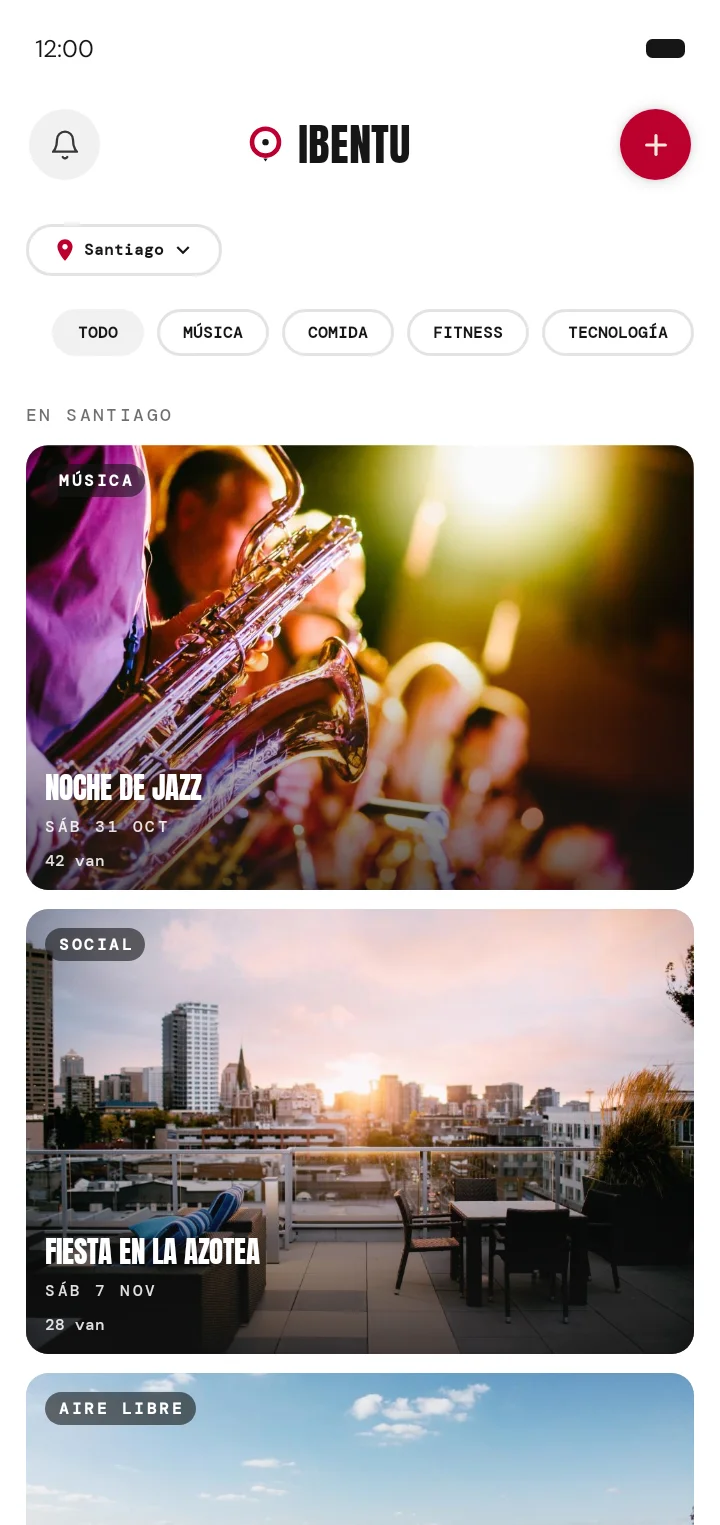 Pantalla de inicio de Ibentu con los próximos eventos de tu ciudad