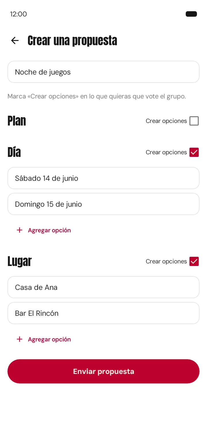 Pantalla para proponer un evento al grupo en Ibentu